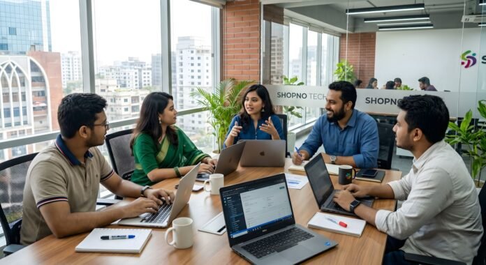 itil-4-guiding-principles-featured Five colleagues collaborating around a table in a modern office.